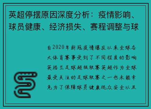 英超停摆原因深度分析：疫情影响、球员健康、经济损失、赛程调整与球迷反应